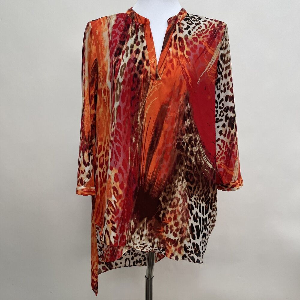 Zac & Rachel Womens‎ Asymmetirical Top Large Red Orange Brown Beige Animal Print